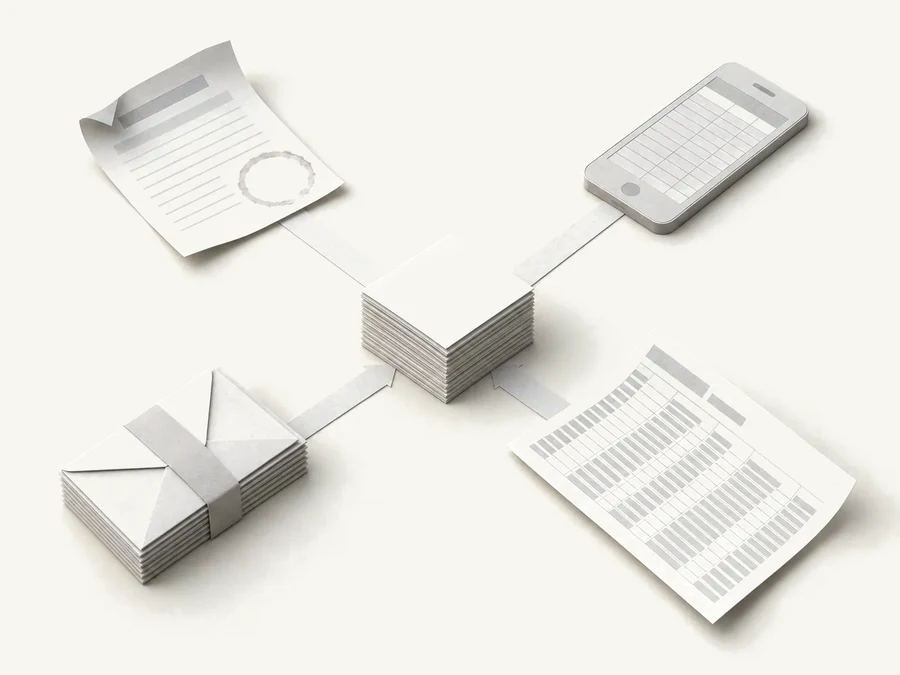 Illustration: a pile of assorted documents, scans and emails going into Korra.