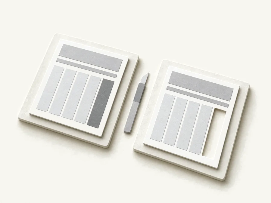 Illustration: two documents side by side, one assembled without context, the other to the company's rules.