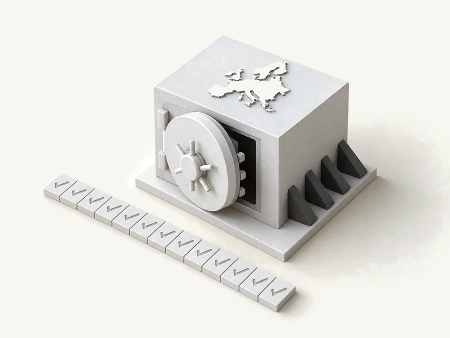 Illustration: a vault holding the company memory, counterparties, writing style and calculation rules, with the key kept by the owner.